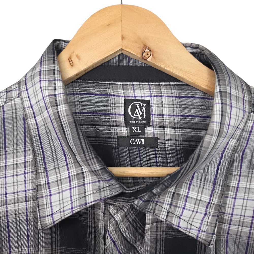 Cavi Shirt Mens XL Black Purple Plaid Button Up Snap Long Sleeve Pocket Casual - Picture 7 of 8